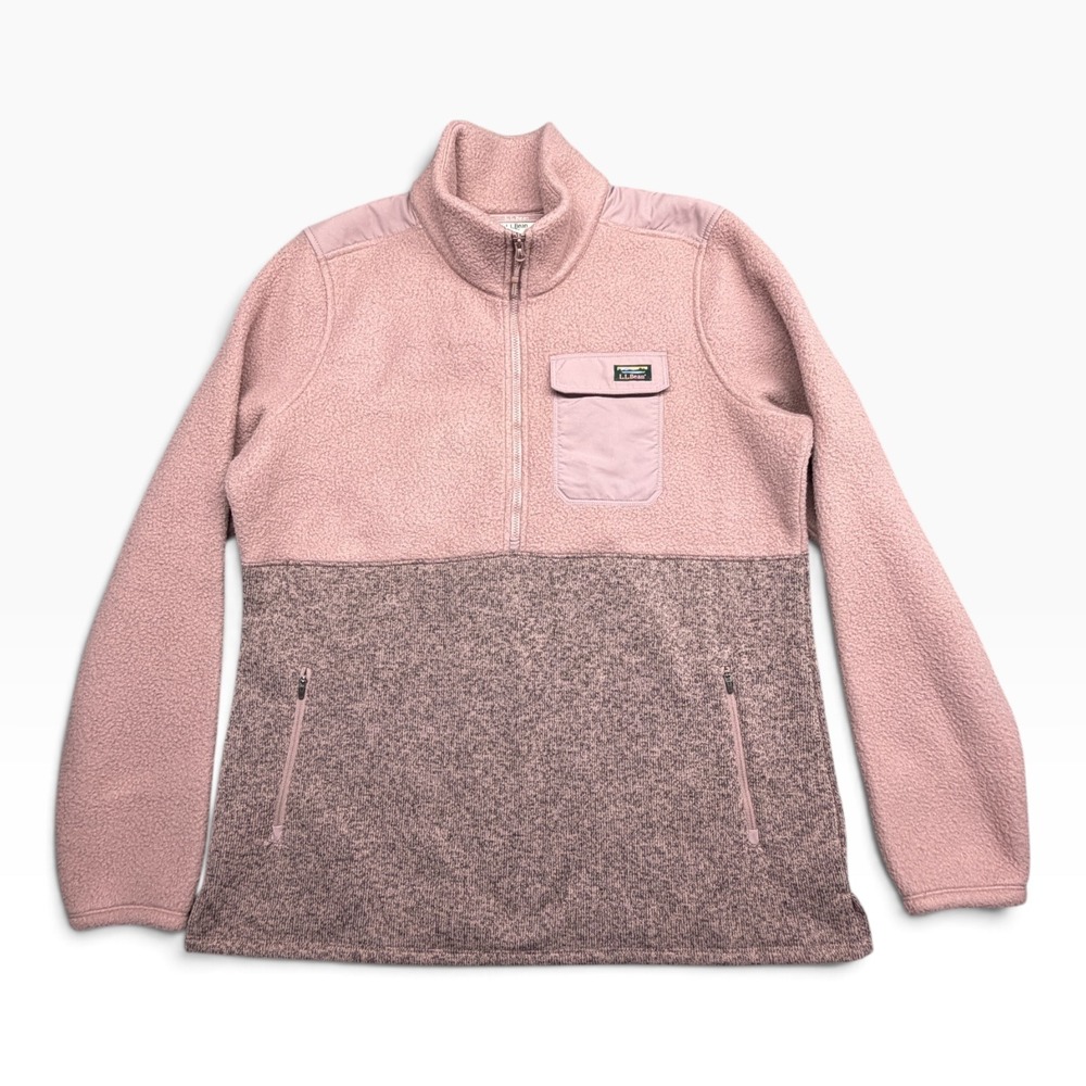 LL Bean Womens Pink Colorblock Quarter Zip Fleece Pullover Sweater 517566 L